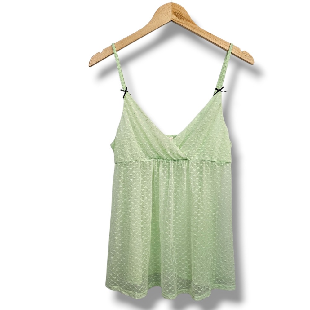 Ambrielle Babydoll Mesh Cami Top L Mint Green‎ Hearts Bows Fairy Coquette Soft